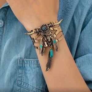 Bohemian Western Gold and Turquoise Feather Bracelet